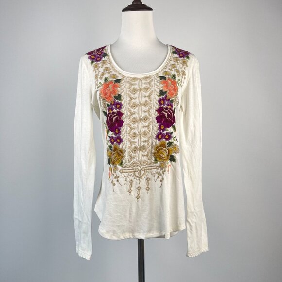 NWOT Johnny Was Embroidered Floral Long Sleeves Tee T-Shirt Size S White - Picture 2 of 12